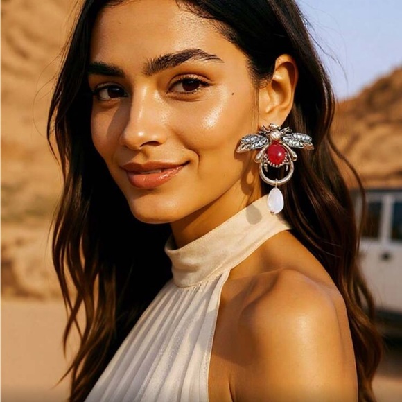 Elegant Silver And Red Bee Earrings